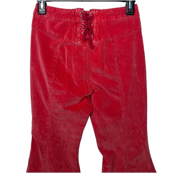 We The Free Twenty-Seven Red Corduroy Wide Flare Pants Lace-Up Back Frayed Hem - Picture 11 of 14